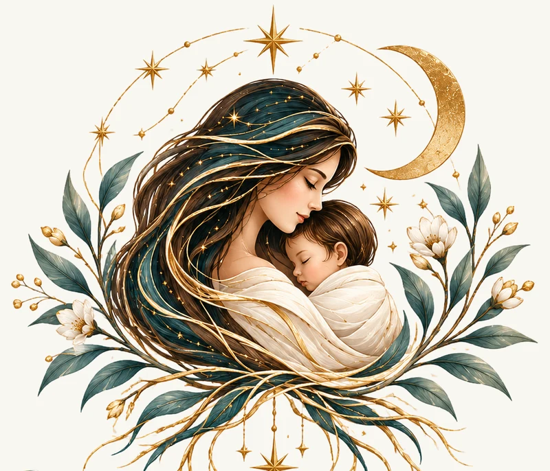 Starwoven illustration: a mother cradling her sleeping baby, encircled by stars, a golden crescent moon, leaves and woven golden roots